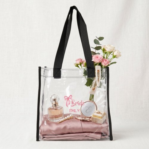 Pink Coquette Bow Bride Name Bridal Party Clear Tote Bag