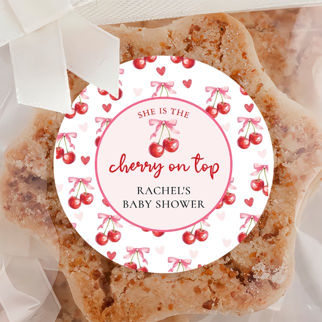 Pink Coquette Bow Cherry Baby Shower Sticker (Creator Uploaded)