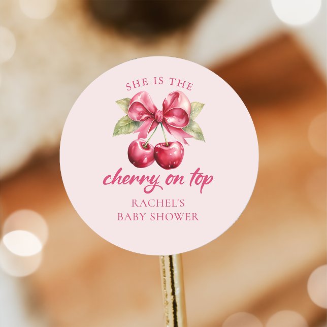 Pink Coquette Bow Cherry Baby Shower Sticker (Creator Uploaded)