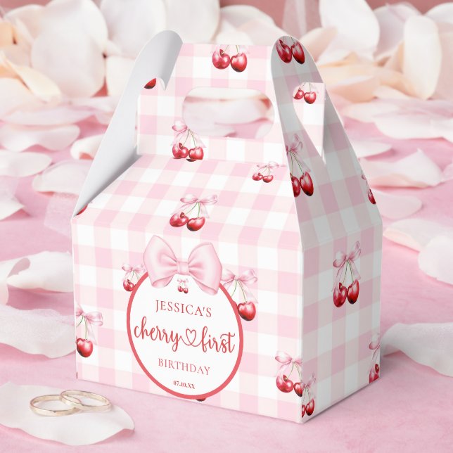 Pink Coquette Bow Cherry First Birthday Party Favor Boxes (Wedding)