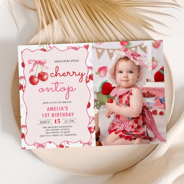 Pink Coquette Bow Cherry on Top 1st Birthday Photo Invitation (Creator Uploaded)