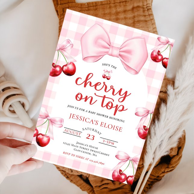 Pink Coquette Bow Cherry On Top Baby Shower Party  Invitation (Creator Uploaded)