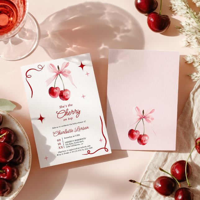 Pink Coquette Bow Cherry On top Girl Baby Shower Invitation (Pink Coquette Bow Cherry On top Girl Baby Shower Invitation)