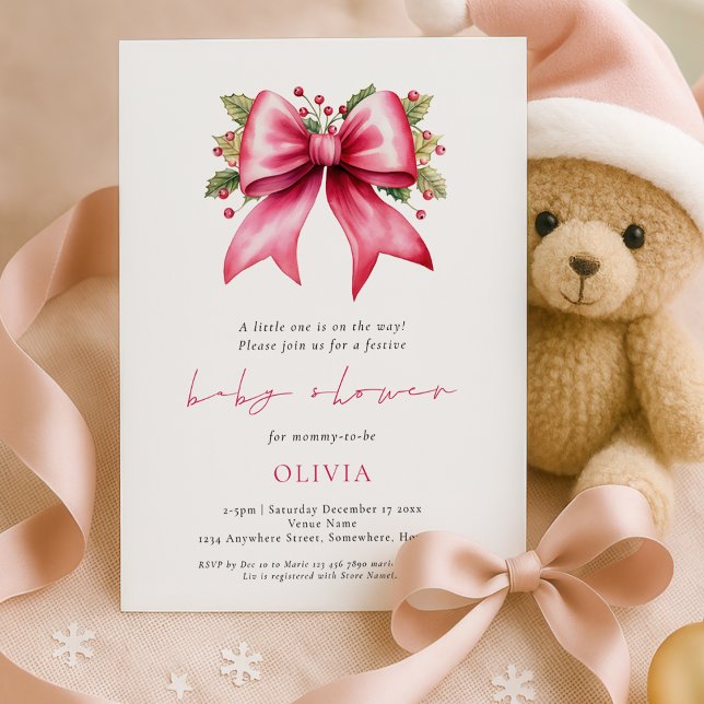 Pink Coquette Bow Christmas Baby Shower Invitation (Creator Uploaded)