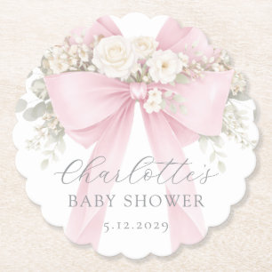 Pink Coquette Bow Floral Baby in bloom baby Shower Paper Coaster