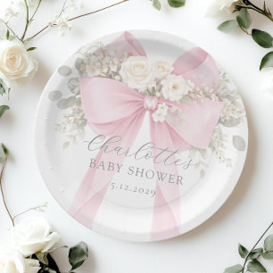 Pink Coquette Bow Floral Baby in bloom baby Shower Paper Plates
