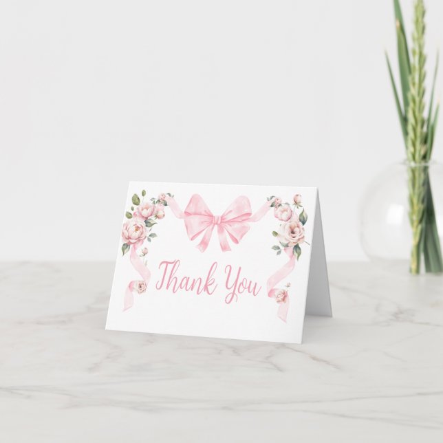 Pink Coquette Bow Floral Baby Shower Thank You Card (Front)