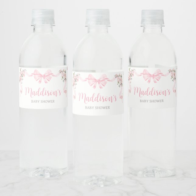 Pink Coquette Bow Floral Baby Shower Water Bottle Label (Bottles)