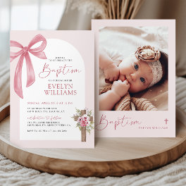 Pink Coquette Bow Floral Cross Girl Baptism Photo Invitation