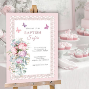  Pink Coquette Bow Floral Girl Baptism Welcome   Foam Board