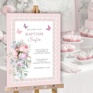 Pink Coquette Bow Floral Girl Baptism Welcome Foam Board