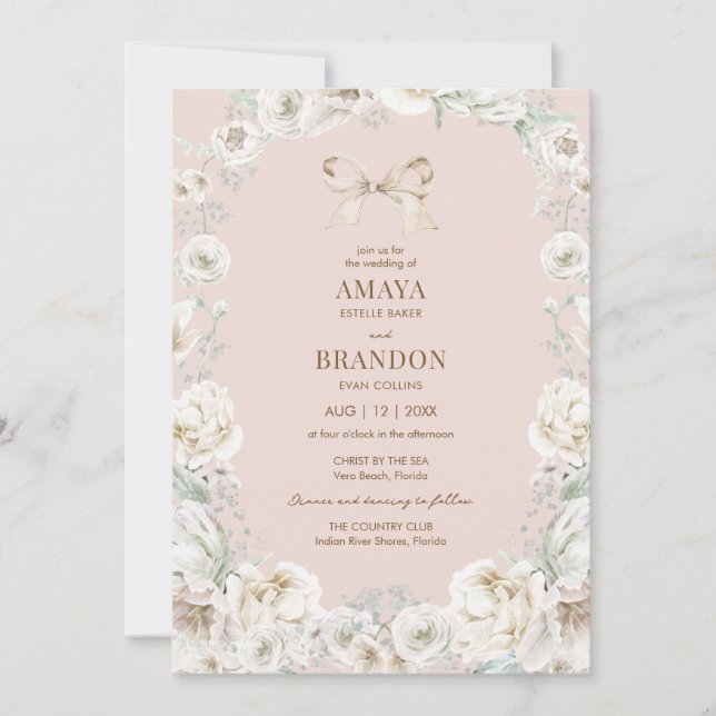 Pink Coquette Bow Floral Wedding Invitation (Front)