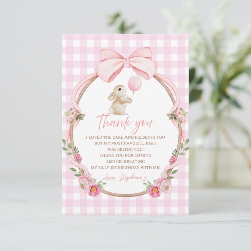 Pink Coquette Bow Gingham Bunny Thank You Card