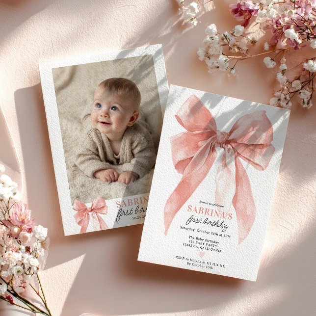 Pink Coquette Bow Girl 1st Birthday Party Photo Invitation (Pink Coquette Bow Girl 1st Birthday Party Photo Invitation)