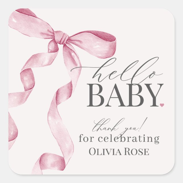 Pink Coquette Bow Girl Baby Shower Favor Square Sticker (Front)