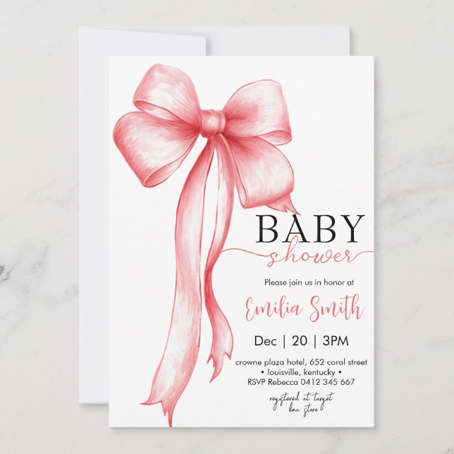 Pink Coquette Bow girl Baby shower Invitation (Front)