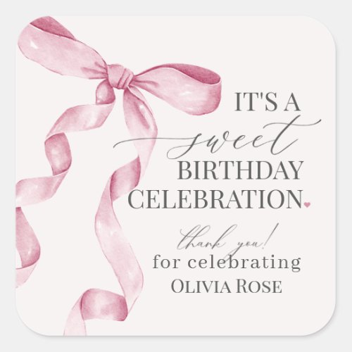 Pink Coquette Bow Girl Birthday Party Favor Square Sticker