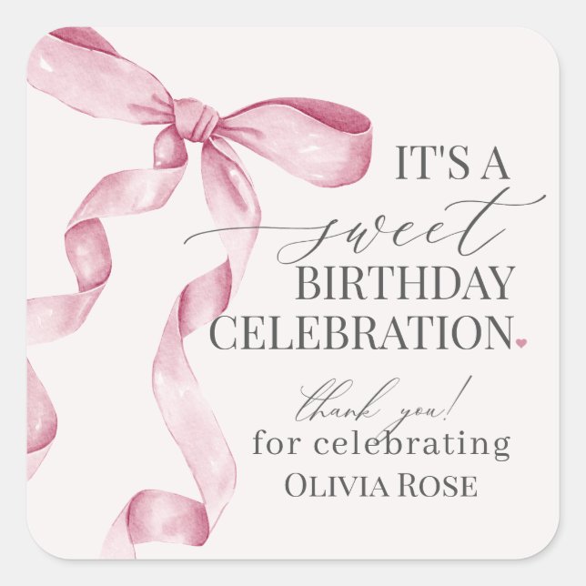 Pink Coquette Bow Girl Birthday Party Favor Square Sticker (Front)