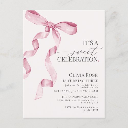 Pink Coquette Bow Girl Birthday Party Invitation Postcard