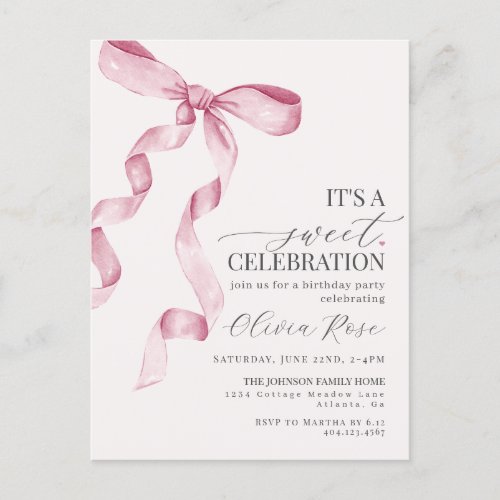 Pink Coquette Bow Girl Birthday Party Invitation Postcard