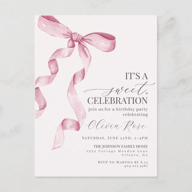 Pink Coquette Bow Girl Birthday Party Invitation Postcard Zazzle