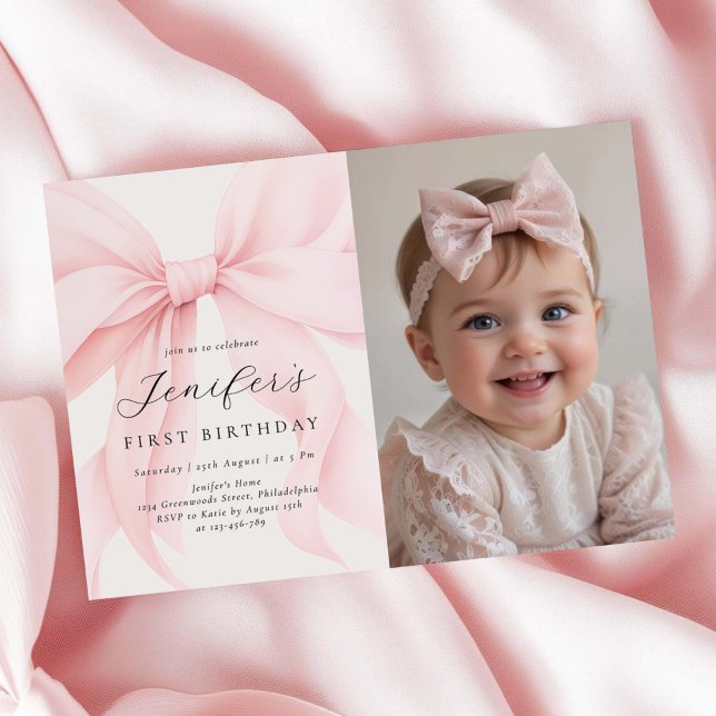 Pink Coquette Bow Girl Birthday Party Photo Invitation (Creator Uploaded)