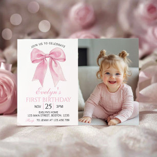 Pink Coquette Bow Girl Birthday Photo Invitation