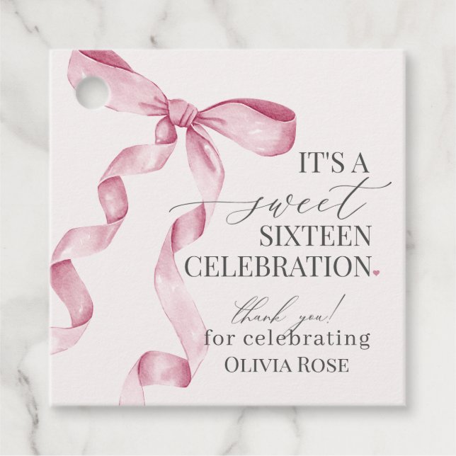 Pink Coquette Bow Girl Sweet 16 Birthday Party Favor Tags (Front)
