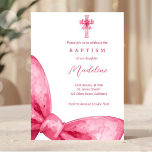 Pink Coquette Bow Girls Baptism Invitation