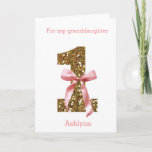 Pink Coquette Bow Gold Glitter 1st Birthday  Card<br><div class="desc">A pretty 1st birthday card featuring a gold glitter number one with a pink coquette bow. Please note there is not actual glitter, but a glitter design effect. You will be able to easily personalize the front with the recipient and the birthday girl's name in a soft pink color. There...</div>