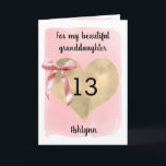 Pink Coquette Bow Gold Heart 13th Birthday  Card<br><div class="desc">A personalized pink coquette bow and gold heart 13th birthday card for granddaughter, daughter, goddaughter, etc. You can easily personalize the front of this pretty pink 13th birthday card with the recipient and her name. The inside card message can also be edited if wanted. This would make a sweet thirteenth...</div>