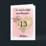 Pink Coquette Bow Gold Heart 13th Birthday  Card<br><div class="desc">A personalized pink coquette bow and gold heart 13th birthday card for granddaughter, daughter, goddaughter, etc. You can easily personalize the front of this pretty pink 13th birthday card with the recipient and her name. The inside card message can also be edited if wanted. This would make a sweet thirteenth...</div>