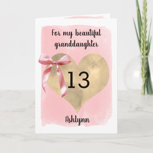 Pink Coquette Bow Gold Heart 13th Birthday  Card