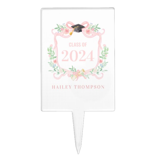 Pink Coquette Bow | Graduation Year Crest Cake Topper (Front)