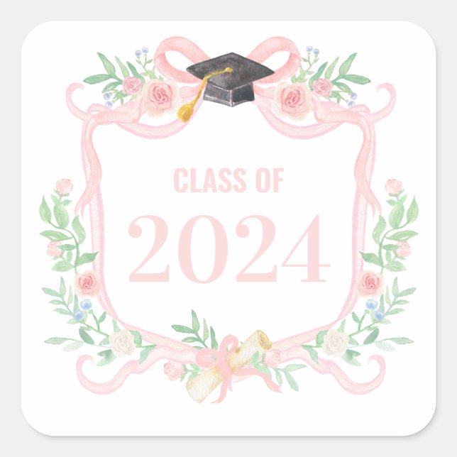Pink Coquette Bow | Graduation Year Crest  Square Sticker (Front)