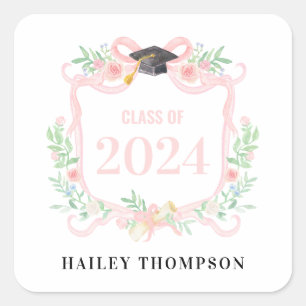 Pink Coquette Bow Graduation Year Crest Square Sticker