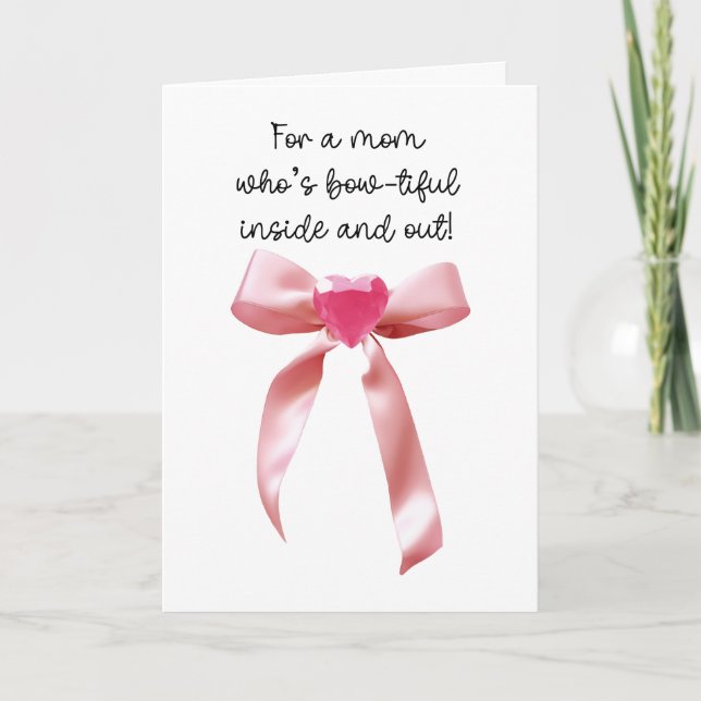 Pink Coquette Bow Heart Gem Mom Card (Front)