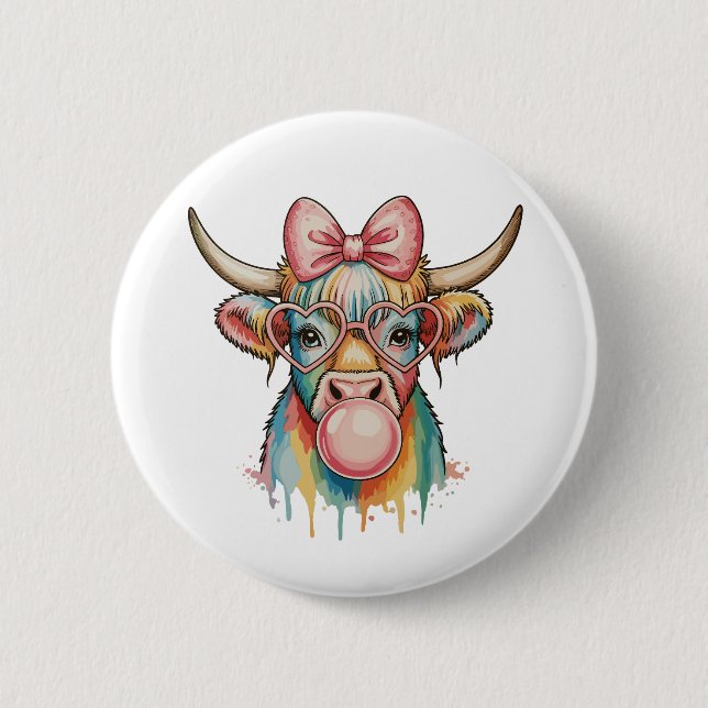 Pink Coquette Bow Highland Cow Bubblegum Button (Front)