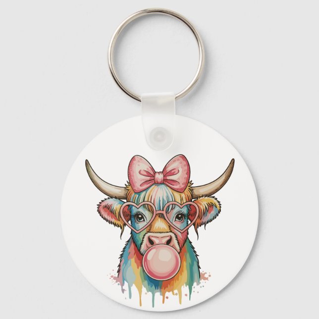 Pink Coquette Bow Highland Cow Bubblegum Keychain (Front)