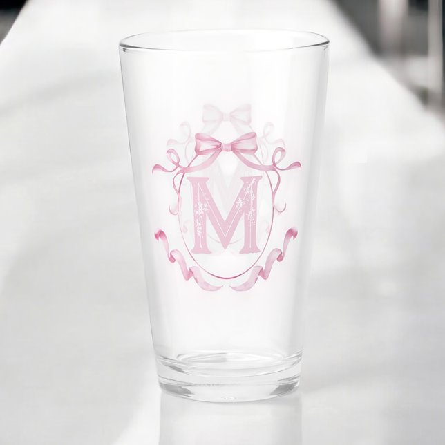 Pink Coquette Bow Monogram Custom Pint Bar Glass (Creator Uploaded)