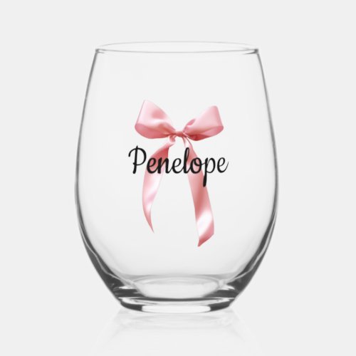 Pink Coquette Bow Name Stemless Wine Glass
