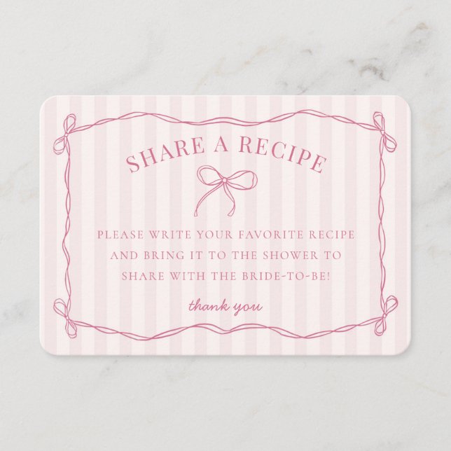 Pink Coquette Bow Pastel Bridal Share A Recipe Enclosure Card (Front)