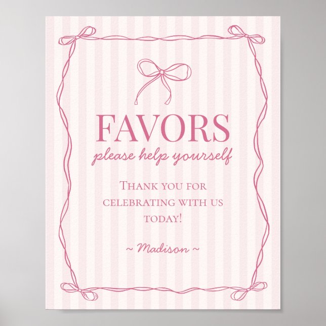 Pink Coquette Bow Pastel Favors Sign (Front)