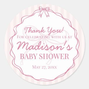 Pink Coquette Bow Pastel Striped Baby Shower Favor Classic Round Sticker