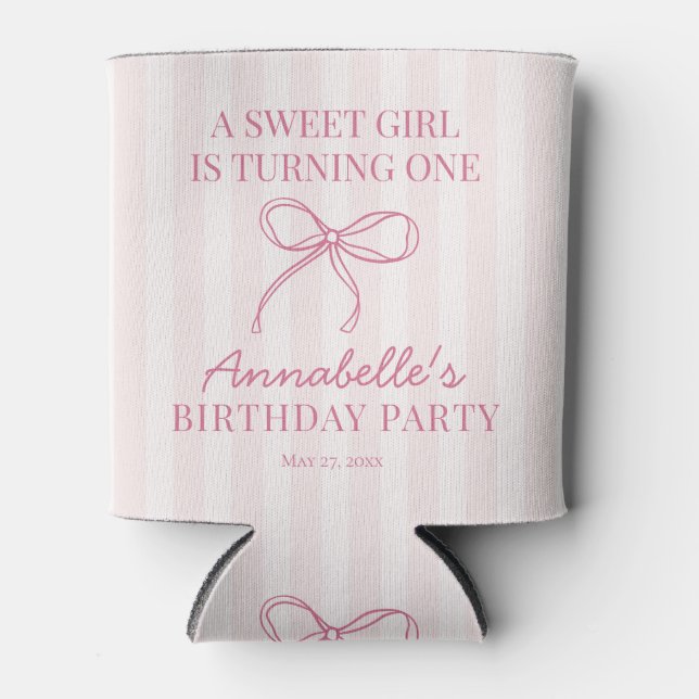 Pink Coquette Bow Pastel Striped Birthday Favor Can Cooler (Front)
