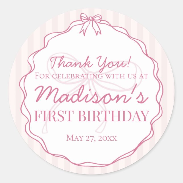 Pink Coquette Bow Pastel Striped Birthday Favor Classic Round Sticker (Front)