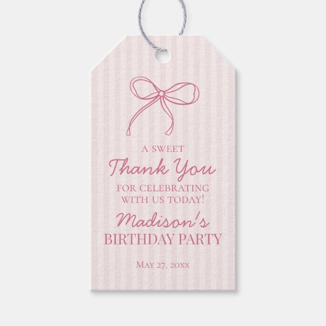 Pink Coquette Bow Pastel Striped Birthday Favor Gift Tags (Front)