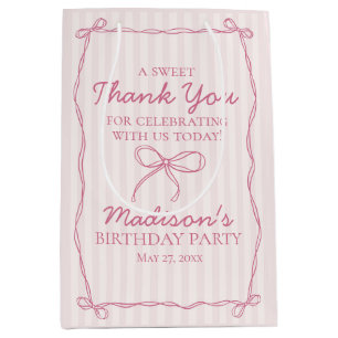 Pink Coquette Bow Pastel Striped Birthday Favor Medium Gift Bag