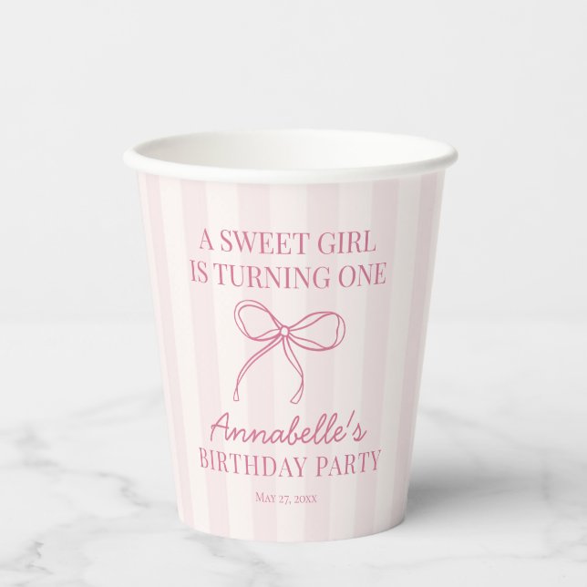 Pink Coquette Bow Pastel Striped Birthday Paper Cups (Front)