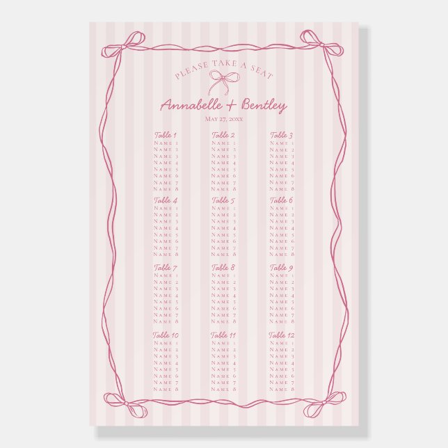 Pink Coquette Bow Pastel Striped Seating Chart Foam Board (Front)